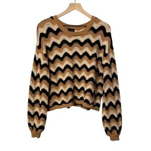 Lumiere Wavy Printed Chevron Knit Sweater Tan Cream Black Size Large